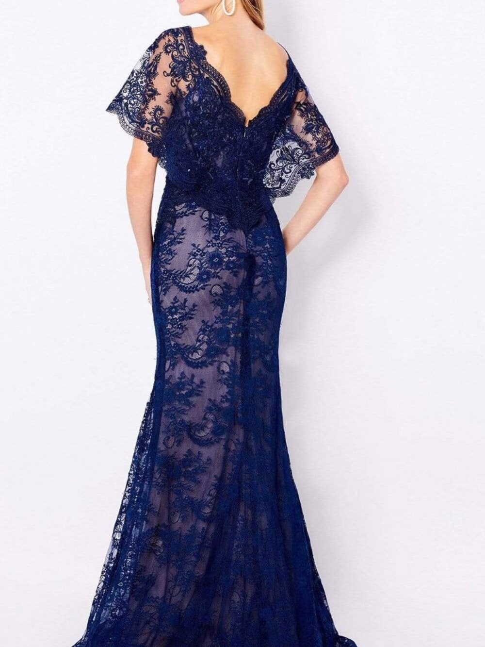 NWT Cameron Blake 221687 Mother of the Bride V-Neck Dress Navy Blue Nude Size 8 - Picture 2 of 6